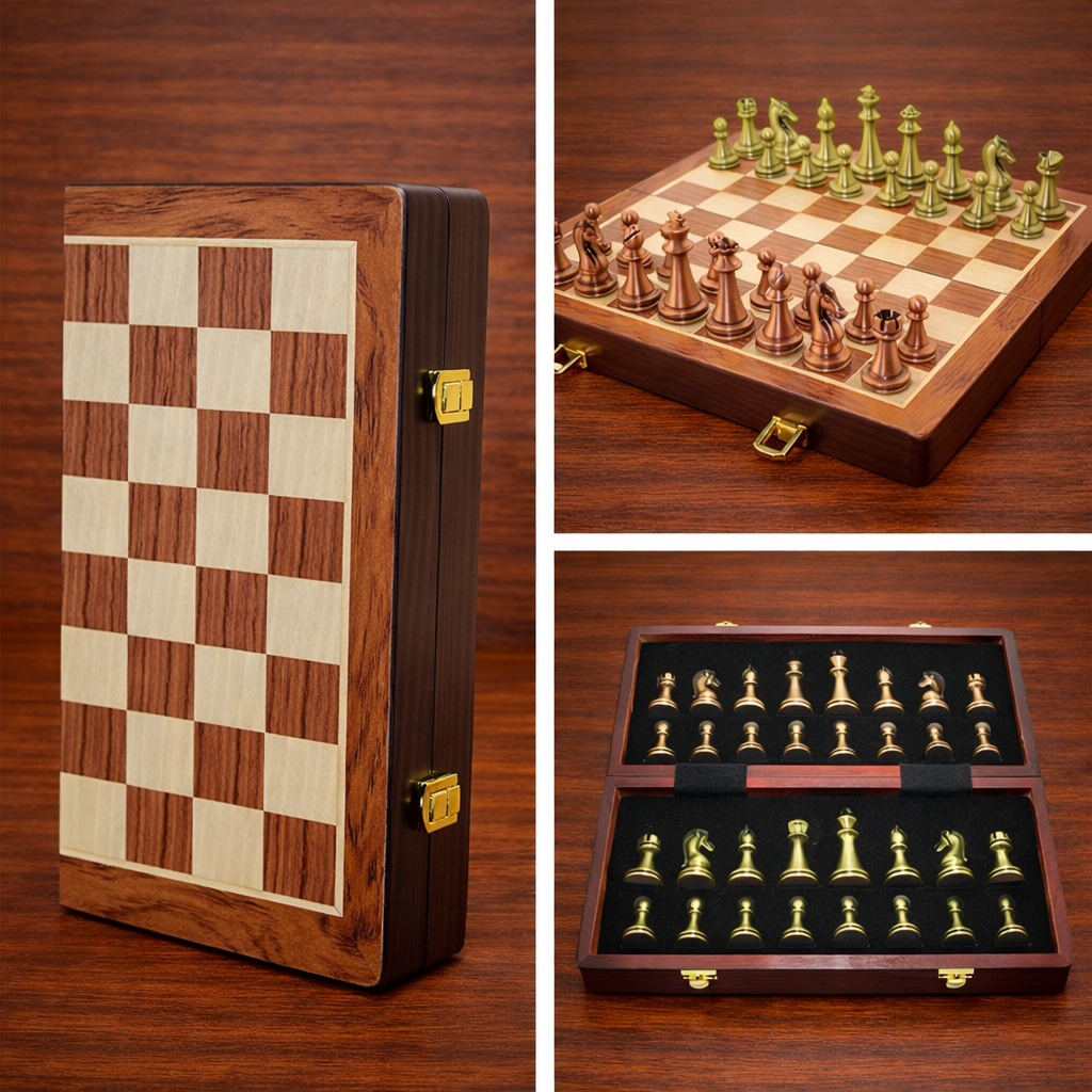 Ahşap Satranç Takımı – Katlanabilir Kutulu, Metal Taşlı Lüks Set