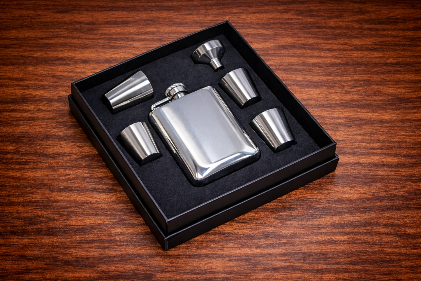 Matte Black Glossy Steel Flask Set with Lighter β 6 Pieces in Special Gift Box