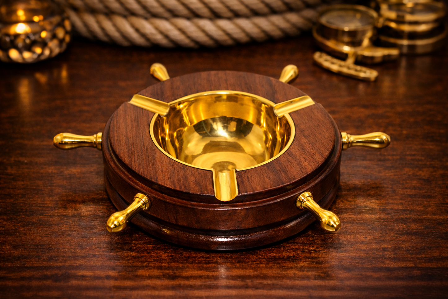 Nautical-themed Wooden and Metal Ashtray