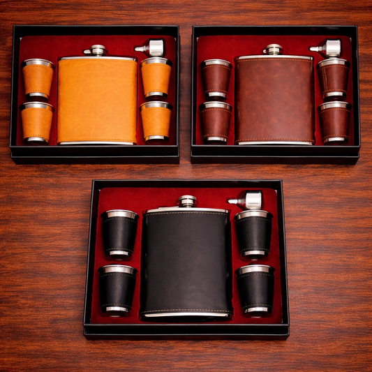 Deri Kaplamalı Matara Shot Bardak Seti – Premium Hediye Kutusu