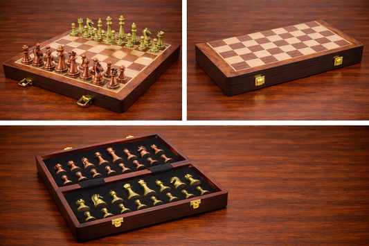 Ahşap Satranç Takımı – Katlanabilir Kutulu, Metal Taşlı Lüks Set