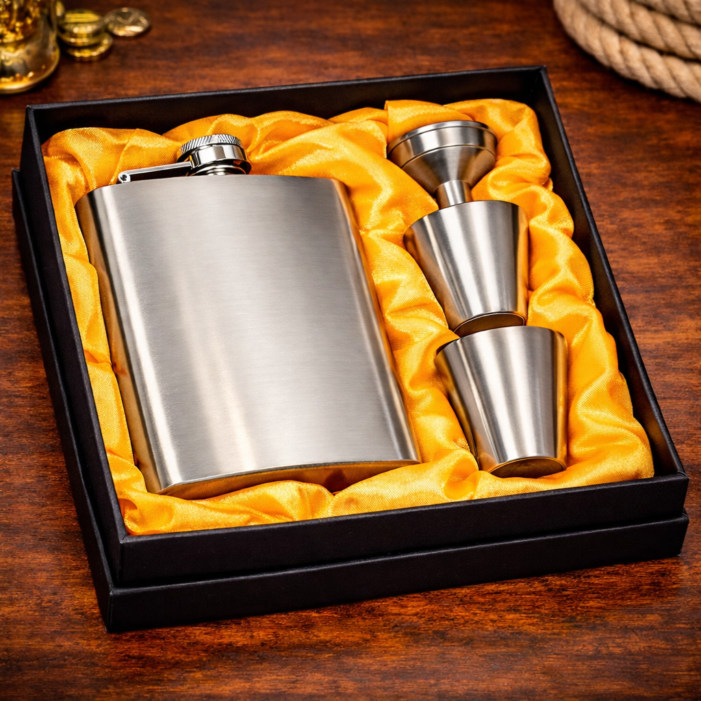 Stainless Steel Flask and Shot Glass Set – Included in a Special Gift Box