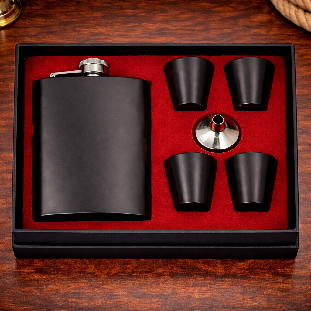 Gold Black Plated Flask & Shot Glass Set – Luxury Gift Box Included