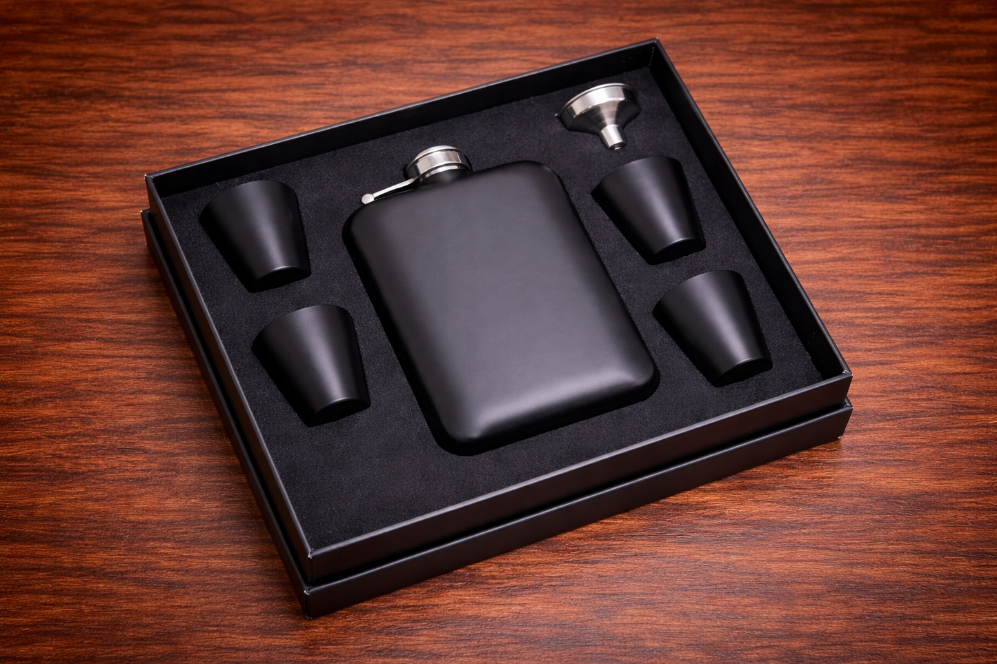 Matte Black Glossy Steel Flask Set with Lighter – 6 Pieces in Special Gift Box