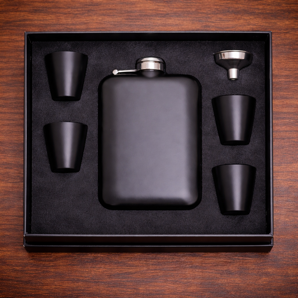 Matte Black Glossy Steel Flask Set with Lighter – 6 Pieces in Special Gift Box