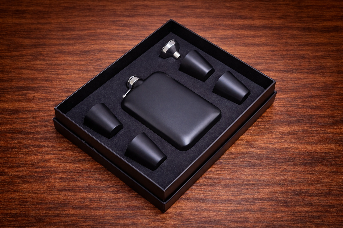 Matte Black Glossy Steel Flask Set with Lighter – 6 Pieces in Special Gift Box