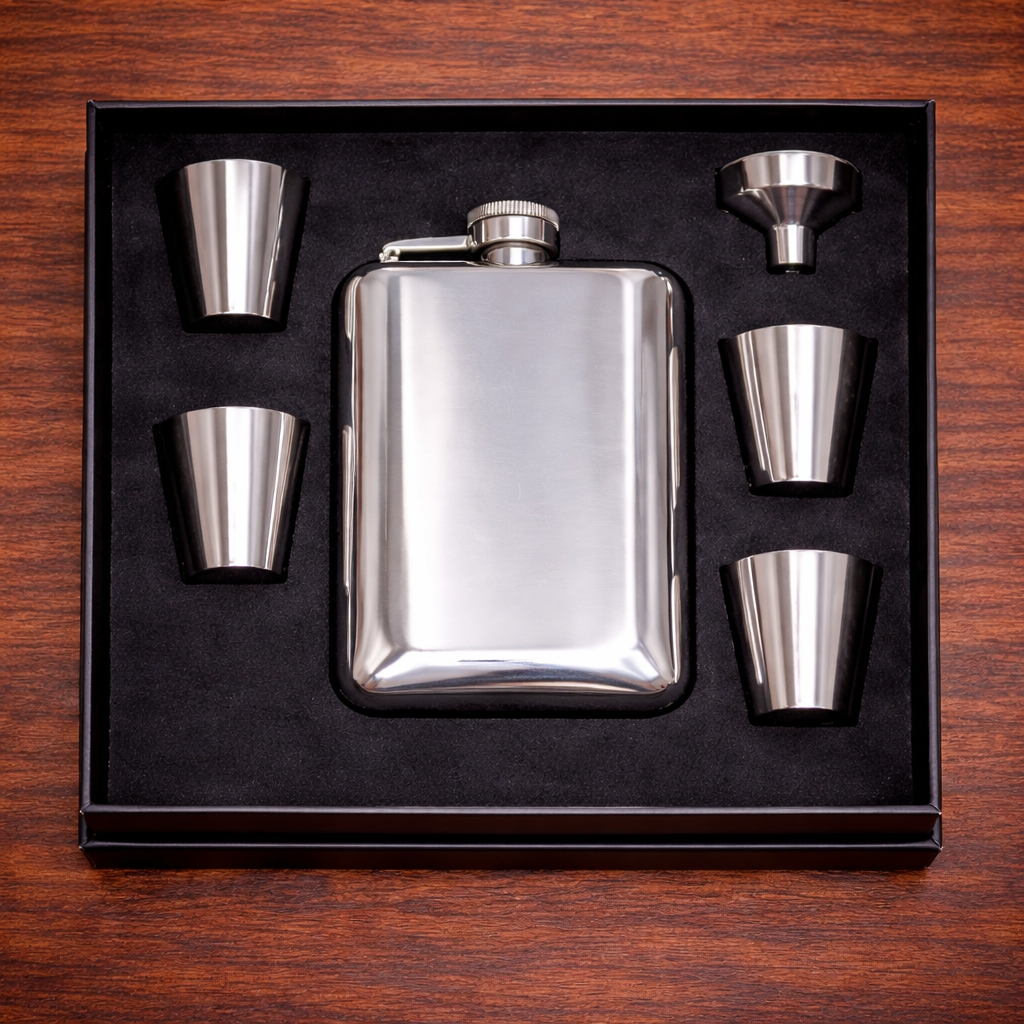 Matte Black Glossy Steel Flask Set with Lighter – 6 Pieces in Special Gift Box