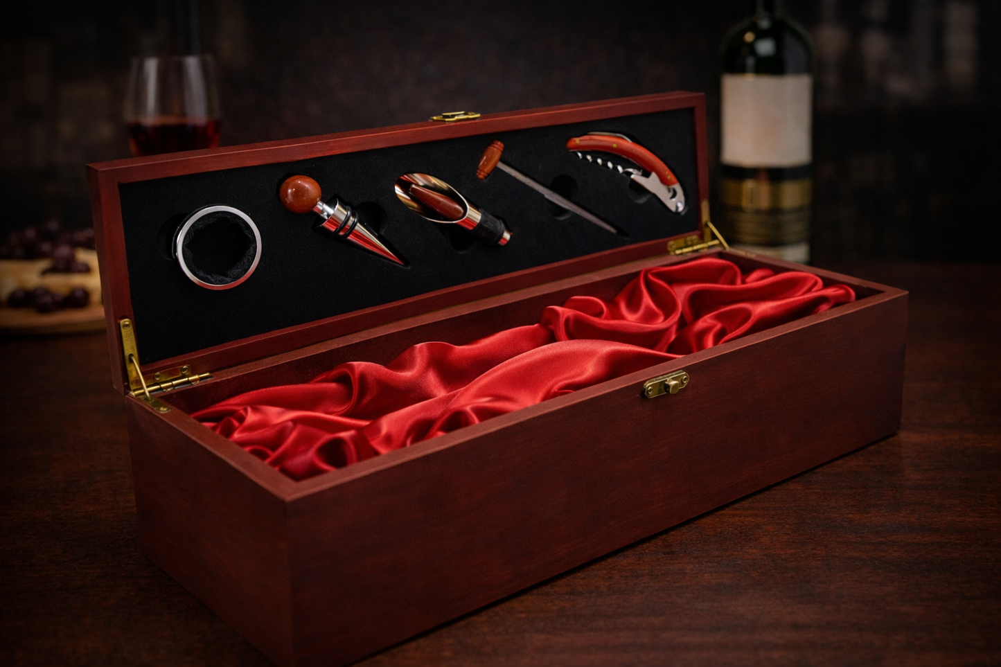 Lüks Ahşap Şarap Aksesuar & Sunum Kutusu