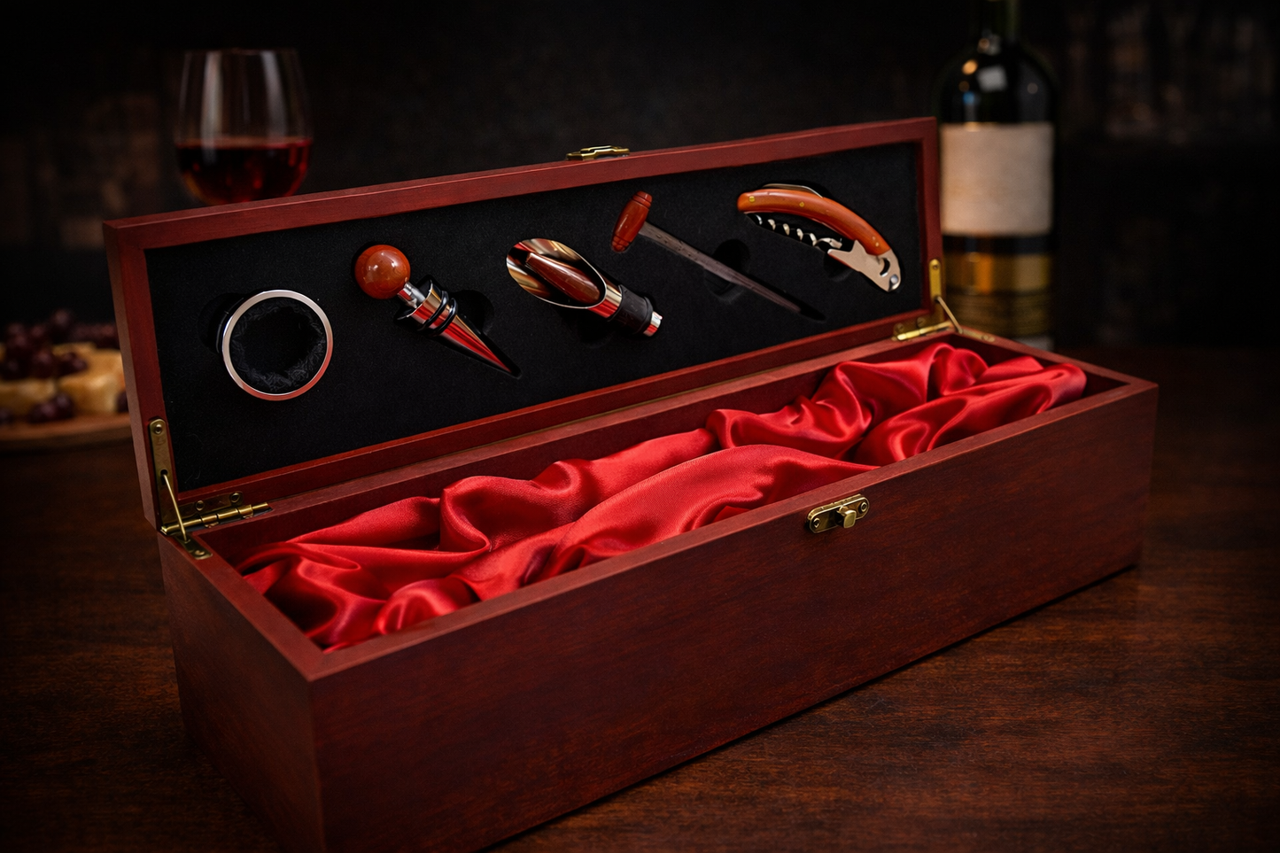 Lüks Ahşap Şarap Aksesuar & Sunum Kutusu