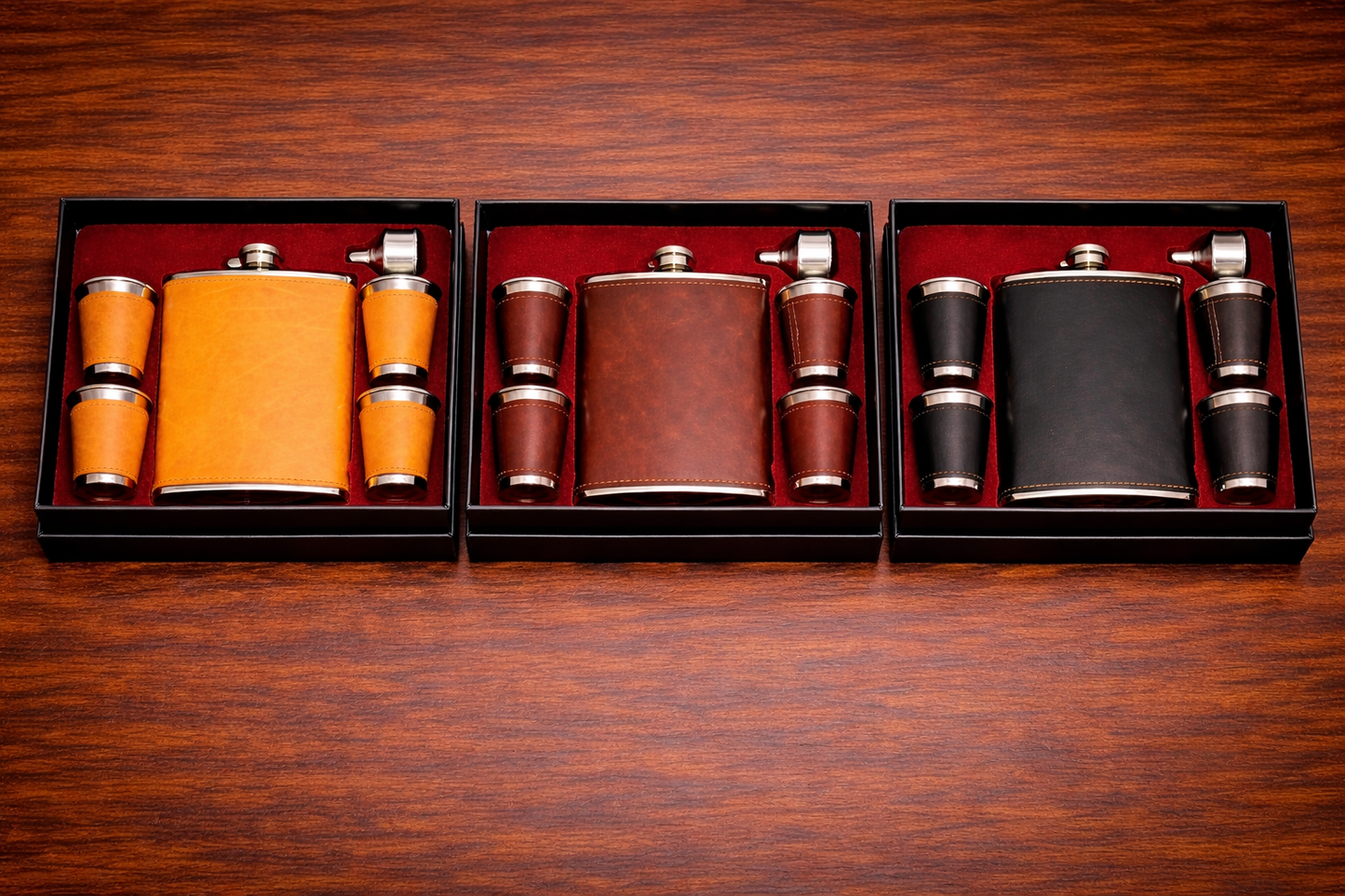 Leather-Covered Flask and Shot Glass Set – Premium Gift Box